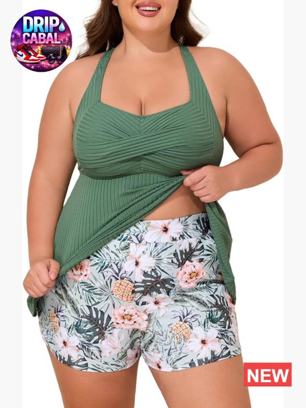 Plus Size Tankini Two Piece Bathing Suit with Pockets Shorts Tummy Control